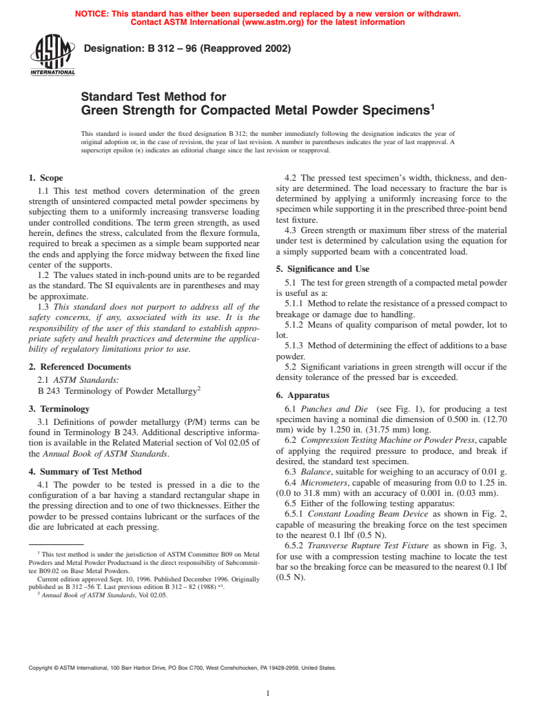 ASTM B312-96(2002) - Standard Test Method for Green Strength for Compacted Metal Powder Specimens