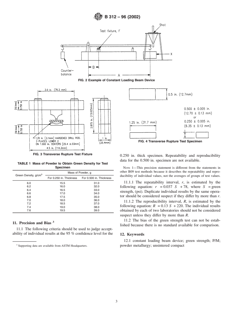 ASTM B312-96(2002) - Standard Test Method for Green Strength for Compacted Metal Powder Specimens