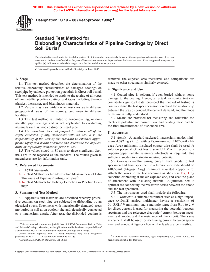 ASTM G19-88(1996)e1 - Standard Test Method for Disbonding Characteristics of Pipeline Coatings by Direct Soil Burial