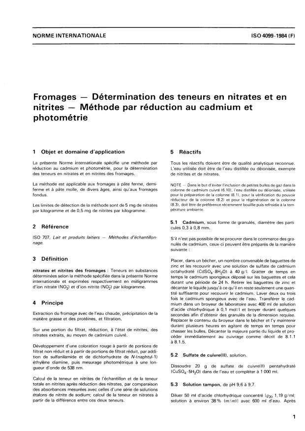 ISO 4099:1984 - Fromages -- Détermination des teneurs en nitrates et en nitrites -- Méthode par réduction au cadmium et photométrie