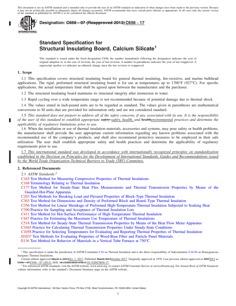 REDLINE ASTM C656-17 - Standard Specification for  Structural Insulating Board, Calcium Silicate