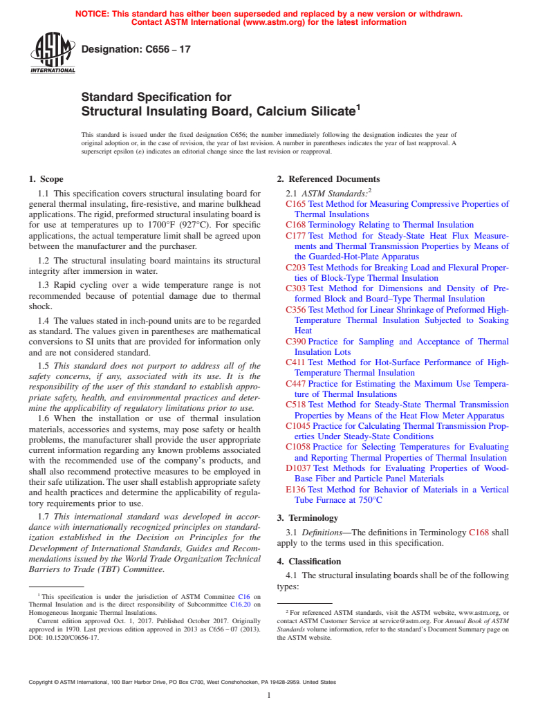 ASTM C656-17 - Standard Specification for  Structural Insulating Board, Calcium Silicate