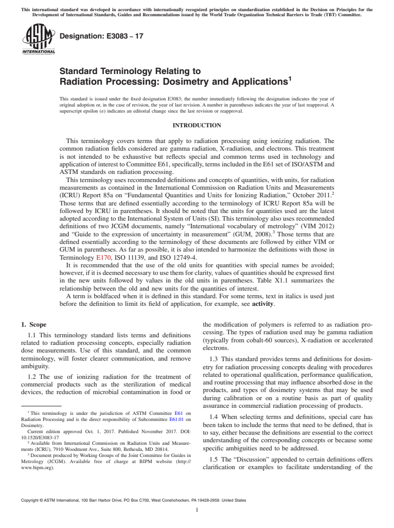 ASTM E3083-17 - Standard Terminology Relating to Radiation Processing: Dosimetry and Applications