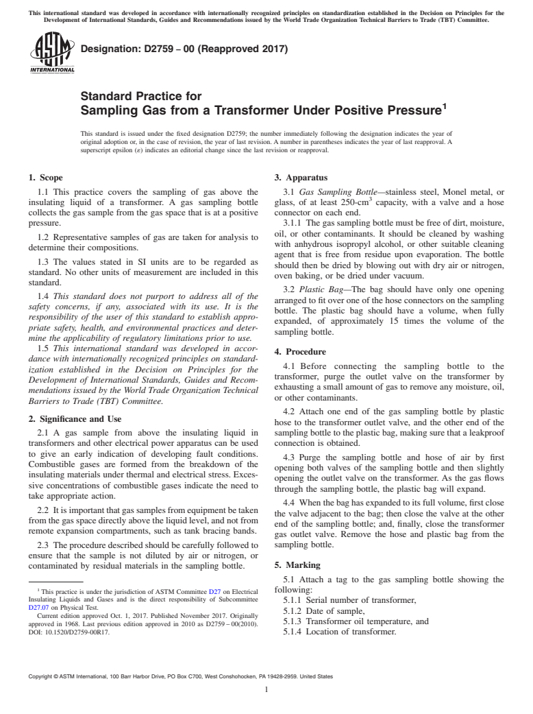 ASTM D2759-00(2017) - Standard Practice for  Sampling Gas from a Transformer Under Positive Pressure