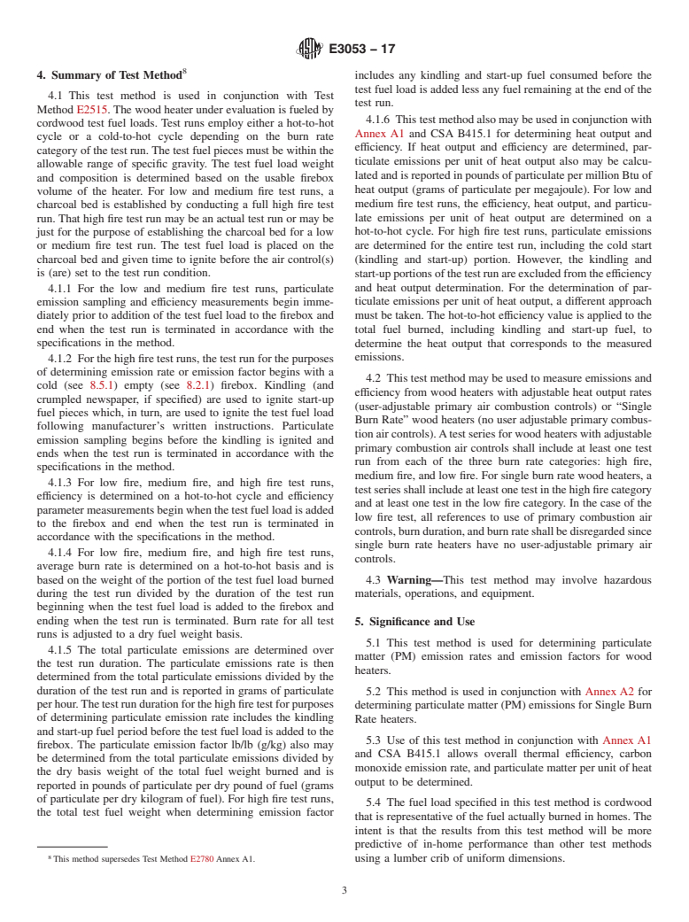 ASTM E3053-17 - Standard Test Method for Determining Particulate Matter Emissions from Wood Heaters  Using Cordwood Test Fuel