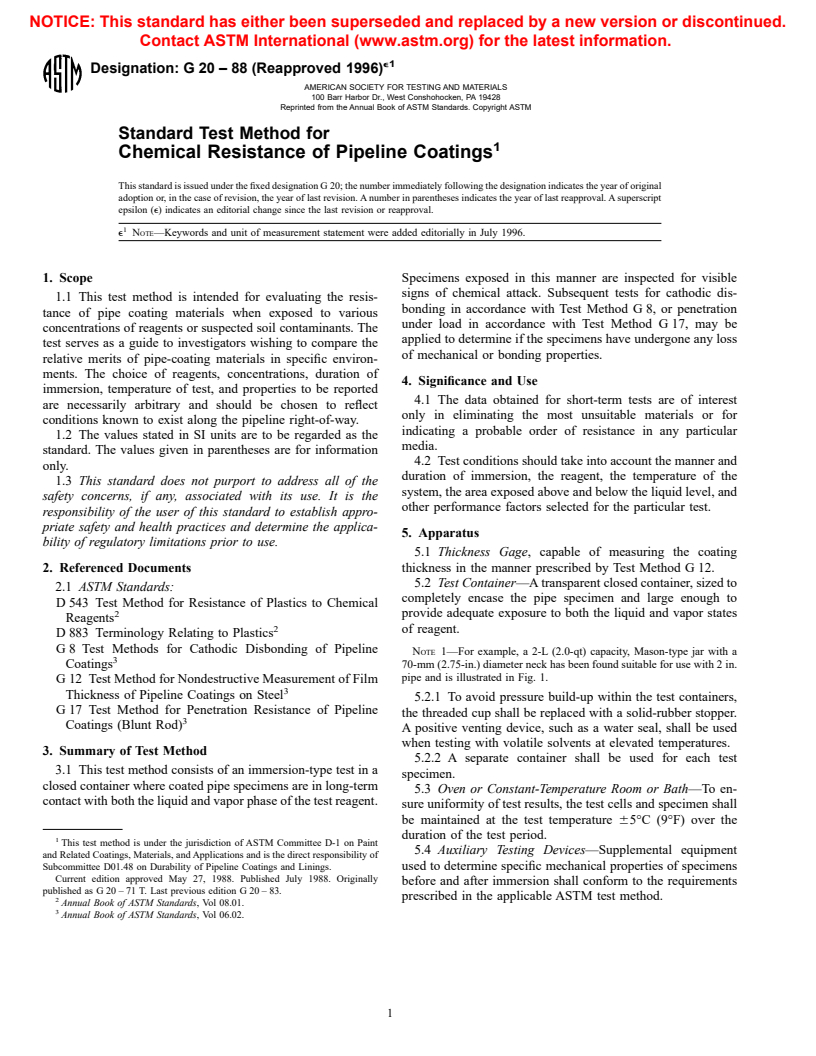 ASTM G20-88(1996)e1 - Standard Test Method for Chemical Resistance of Pipeline Coatings