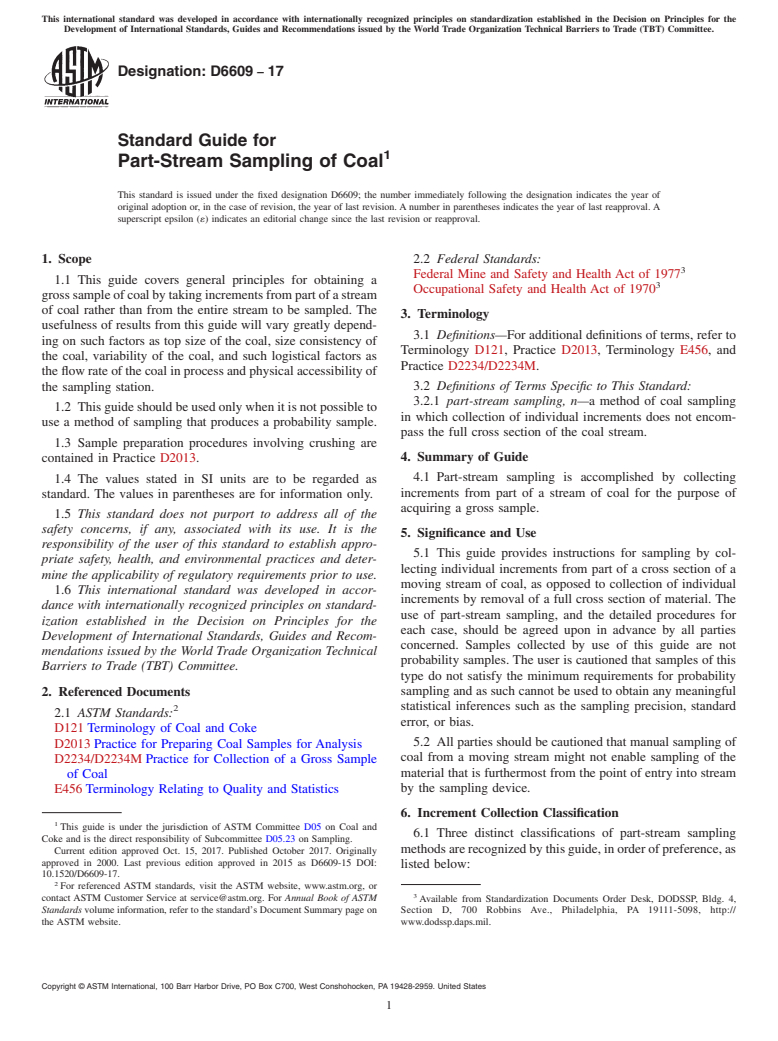 ASTM D6609-17 - Standard Guide for  Part-Stream Sampling of Coal