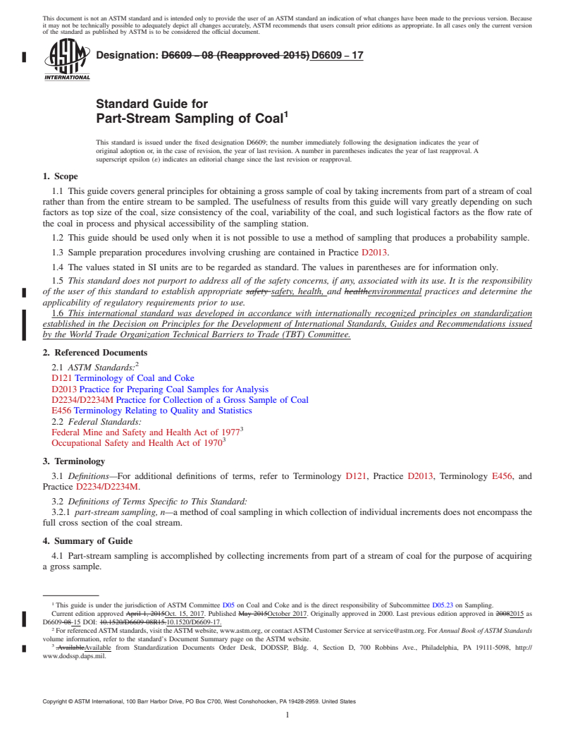 REDLINE ASTM D6609-17 - Standard Guide for  Part-Stream Sampling of Coal