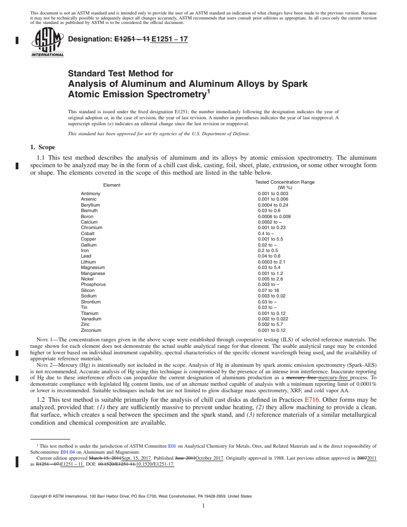 REDLINE ASTM E1251-17 - Standard Test Method for  Analysis of Aluminum and Aluminum Alloys by Spark Atomic Emission  Spectrometry