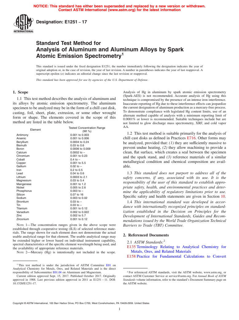 ASTM E1251-17 - Standard Test Method for  Analysis of Aluminum and Aluminum Alloys by Spark Atomic Emission  Spectrometry
