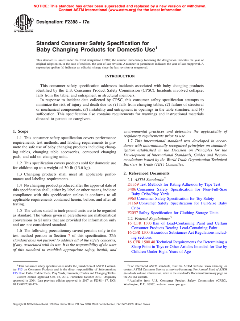 ASTM F2388-17a - Standard Consumer Safety Specification for Baby Changing Products for Domestic Use