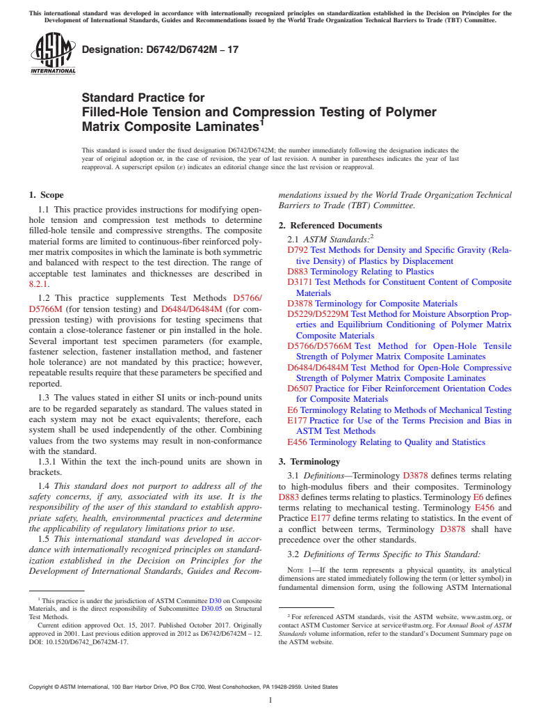 ASTM D6742/D6742M-17 - Standard Practice for  Filled-Hole Tension and Compression Testing of Polymer Matrix  Composite Laminates