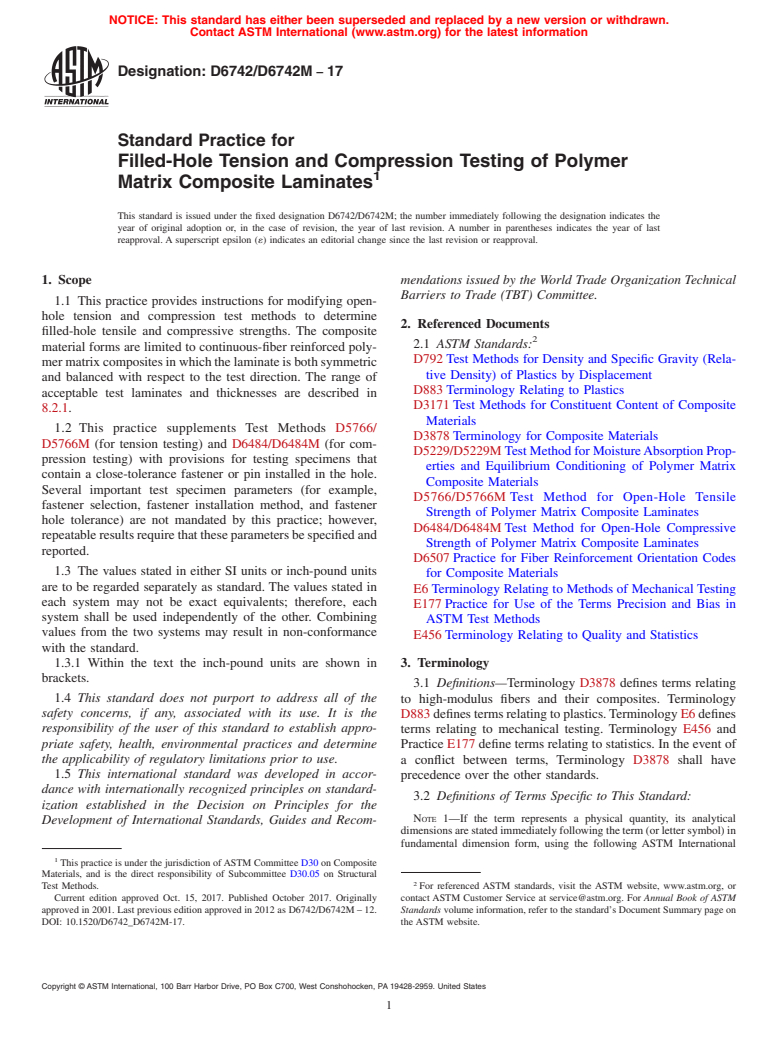 ASTM D6742/D6742M-17 - Standard Practice for  Filled-Hole Tension and Compression Testing of Polymer Matrix  Composite Laminates
