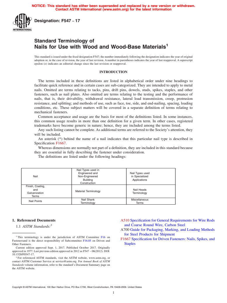 ASTM F547-17 - Standard Terminology of  Nails for Use with Wood and Wood-Base Materials