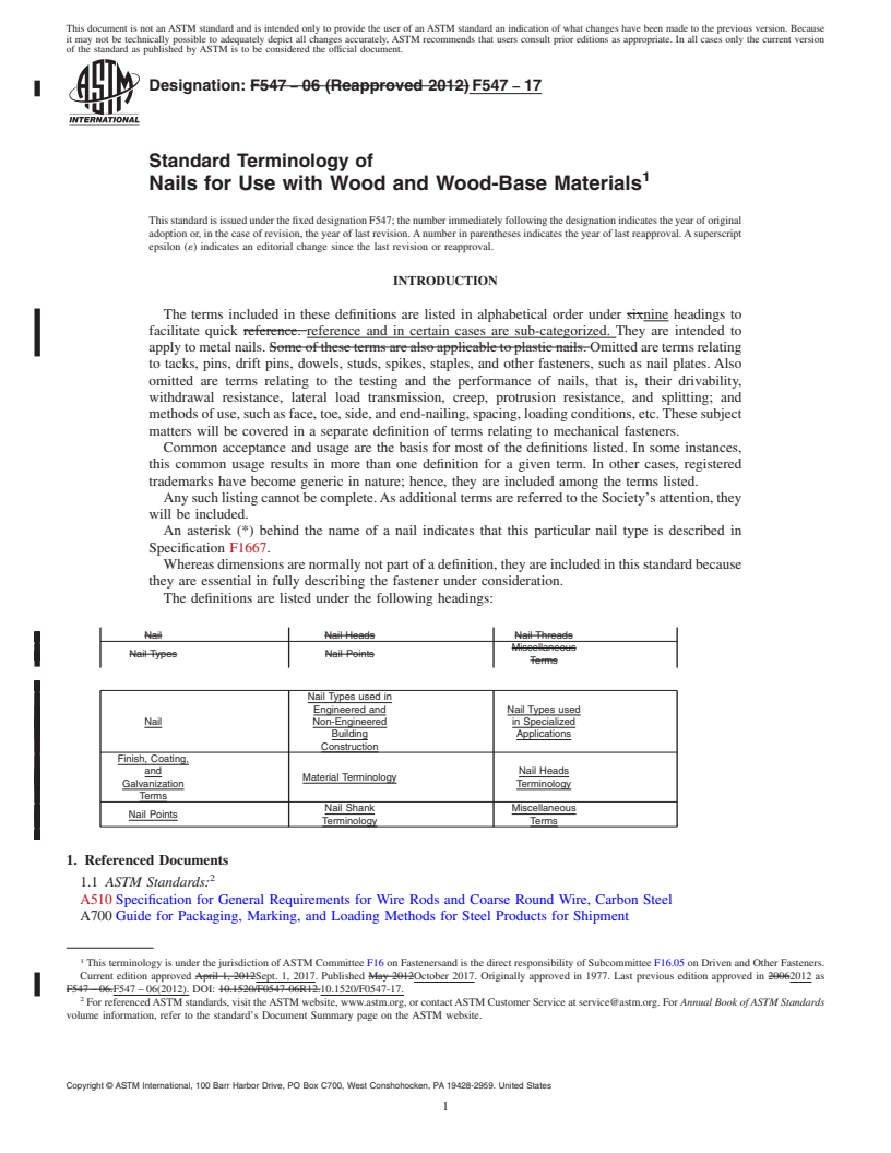 REDLINE ASTM F547-17 - Standard Terminology of  Nails for Use with Wood and Wood-Base Materials