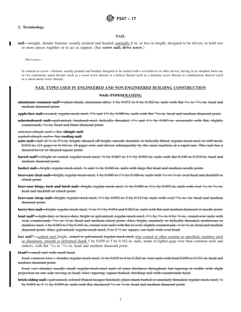 REDLINE ASTM F547-17 - Standard Terminology of  Nails for Use with Wood and Wood-Base Materials