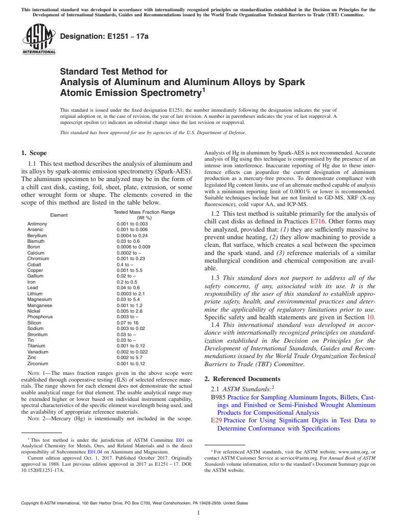 ASTM E1251-17a - Standard Test Method for  Analysis of Aluminum and Aluminum Alloys by Spark Atomic Emission  Spectrometry