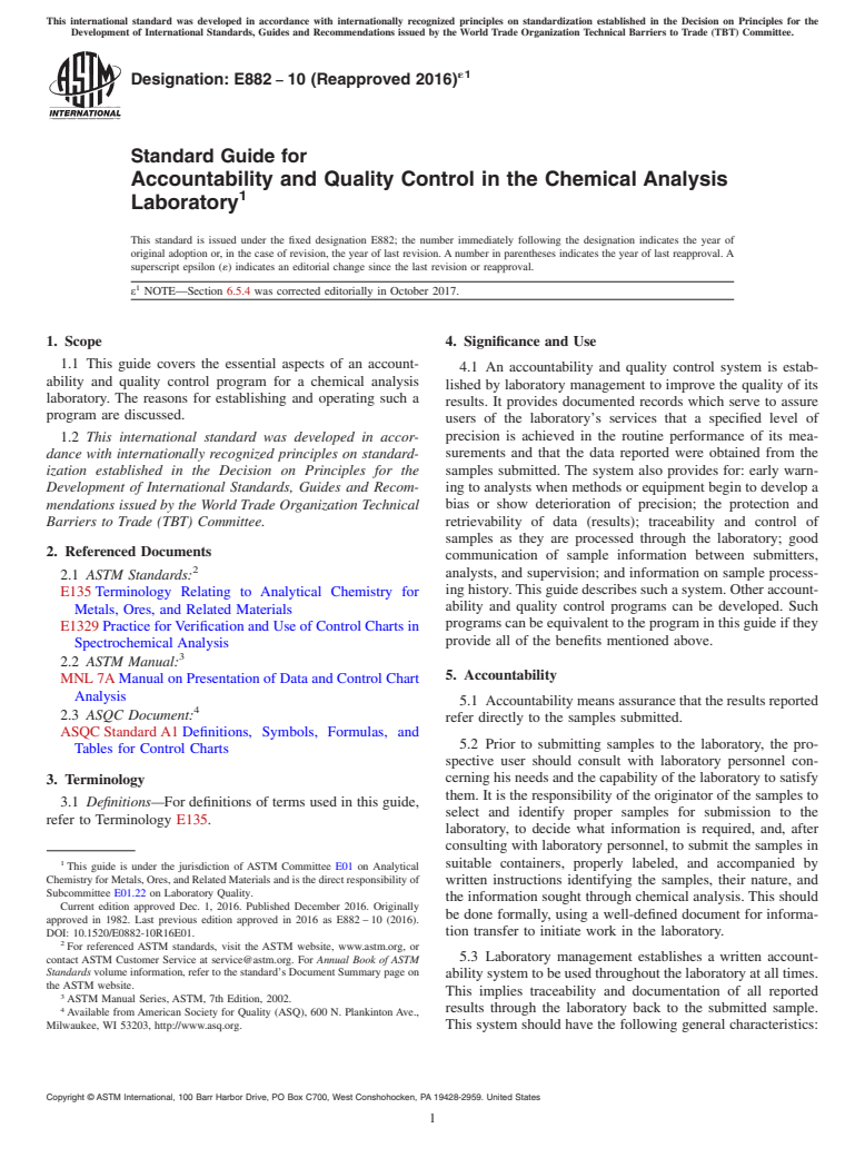 ASTM E882-10(2016)e1 - Standard Guide for  Accountability and Quality Control in the Chemical Analysis  Laboratory