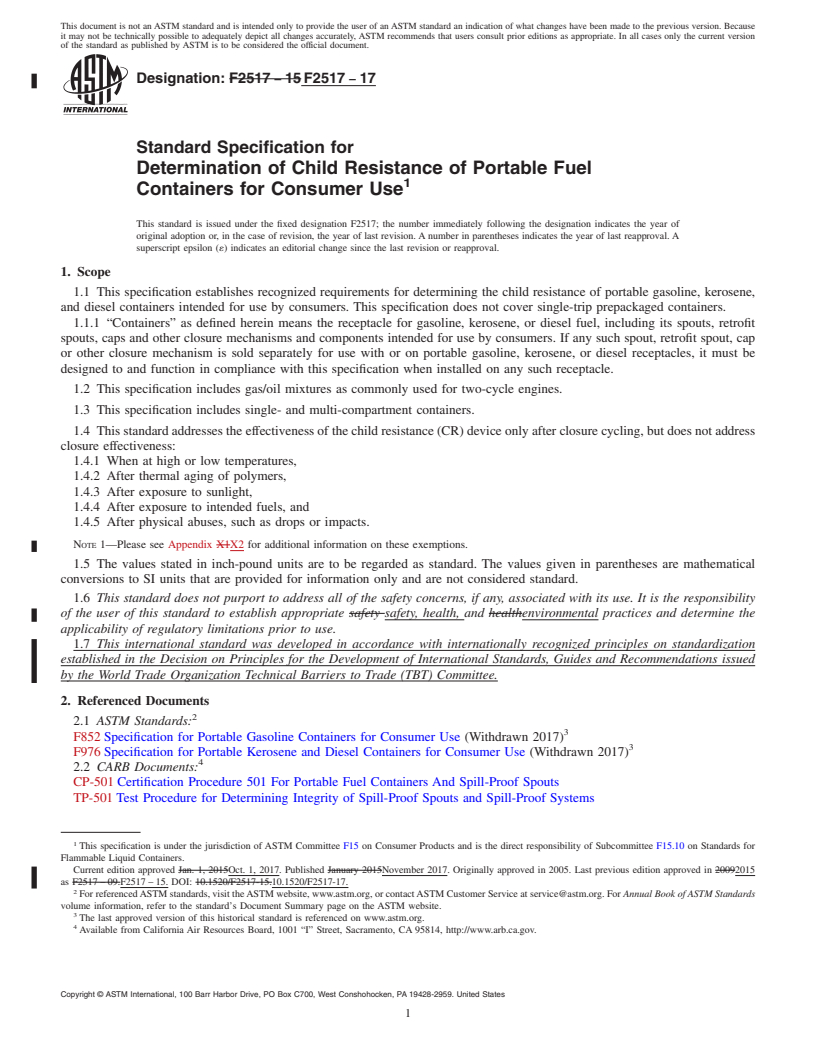 REDLINE ASTM F2517-17 - Standard Specification for  Determination of Child Resistance of Portable Fuel Containers  for Consumer Use