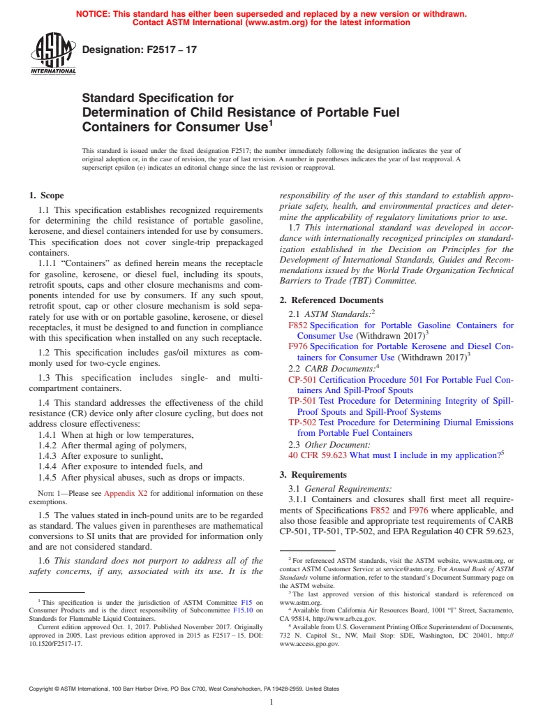 ASTM F2517-17 - Standard Specification for  Determination of Child Resistance of Portable Fuel Containers  for Consumer Use