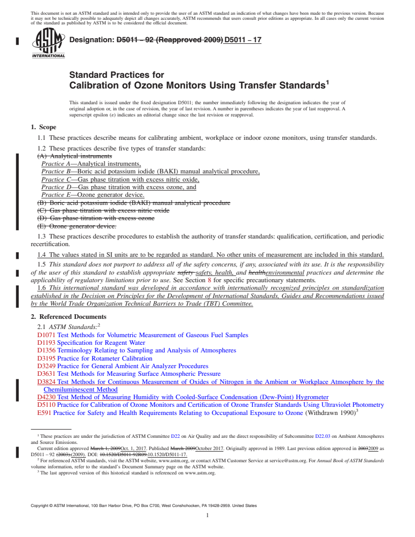 REDLINE ASTM D5011-17 - Standard Practices for  Calibration of Ozone Monitors Using Transfer Standards