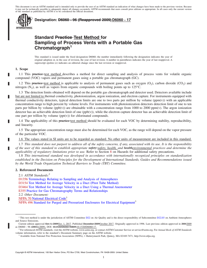 REDLINE ASTM D6060-17 - Standard Test Method for  Sampling of Process Vents with a Portable Gas Chromatograph