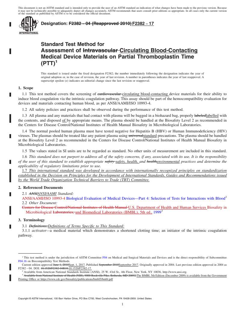 REDLINE ASTM F2382-17 - Standard Test Method for Assessment of Circulating Blood-Contacting Medical Device Materials  on Partial Thromboplastin Time (PTT)