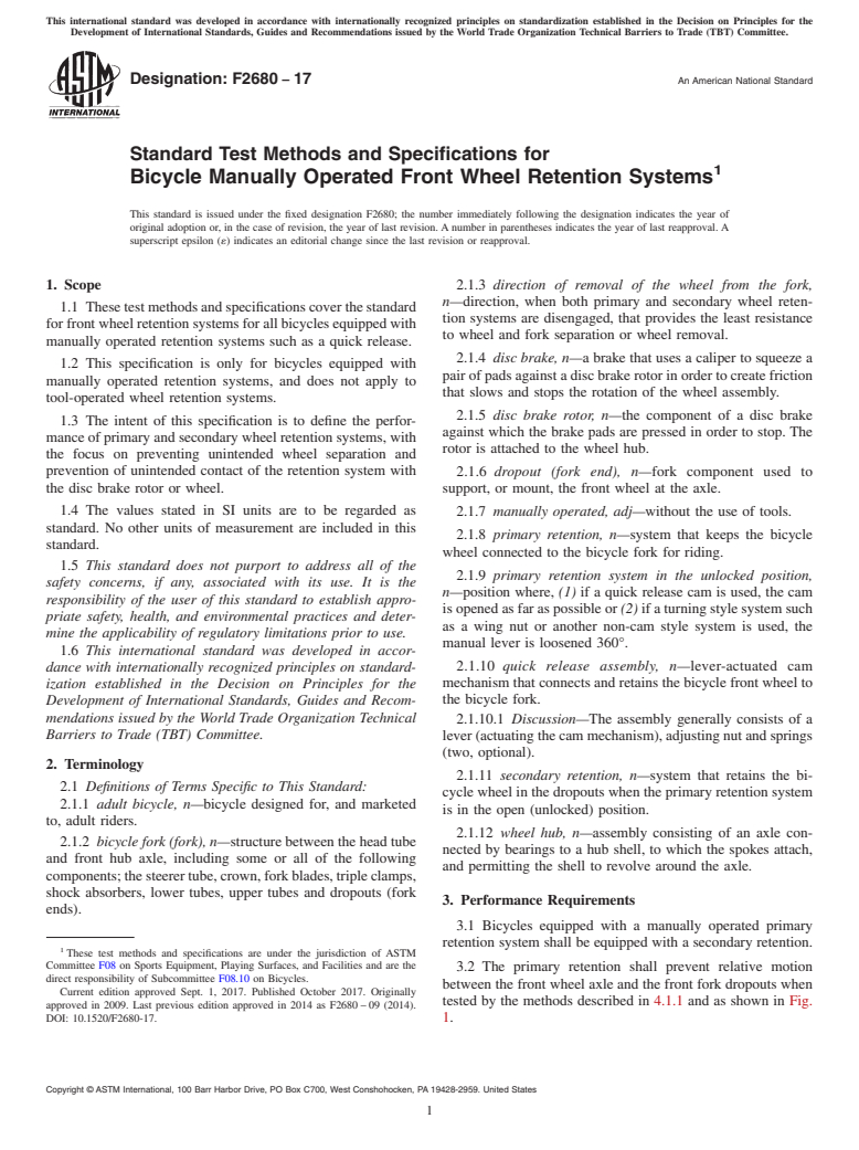 ASTM F2680-17 - Standard Test Methods and Specifications for Bicycle Manually Operated Front Wheel Retention Systems