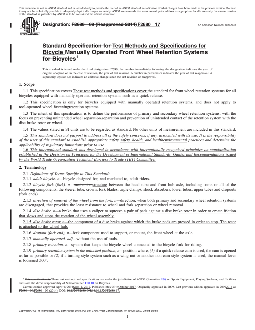 REDLINE ASTM F2680-17 - Standard Test Methods and Specifications for Bicycle Manually Operated Front Wheel Retention Systems