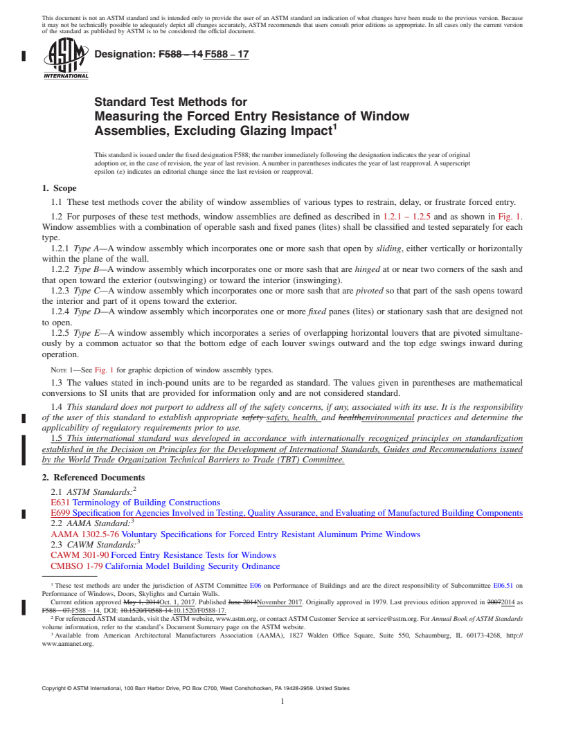 REDLINE ASTM F588-17 - Standard Test Methods for Measuring the Forced Entry Resistance of Window Assemblies,  Excluding Glazing Impact