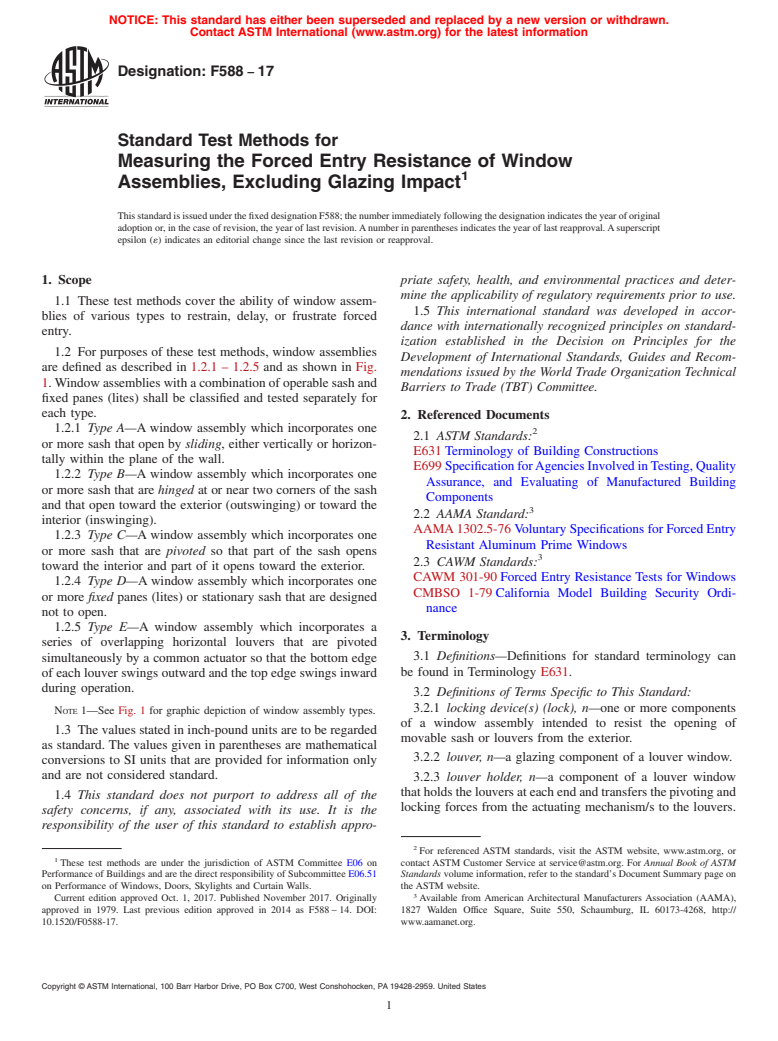 ASTM F588-17 - Standard Test Methods for Measuring the Forced Entry Resistance of Window Assemblies,  Excluding Glazing Impact