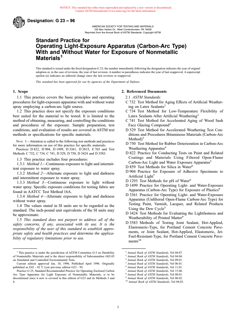 ASTM G23-96 - Practice for Operating Light-Exposure Apparatus (Carbon-Arc Type) With and Without Water for Exposure of Nonmetallic Materials (Withdrawn 2000)