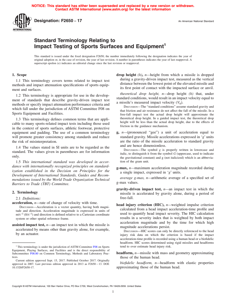 ASTM F2650-17 - Standard Terminology Relating to  Impact Testing of Sports Surfaces and Equipment