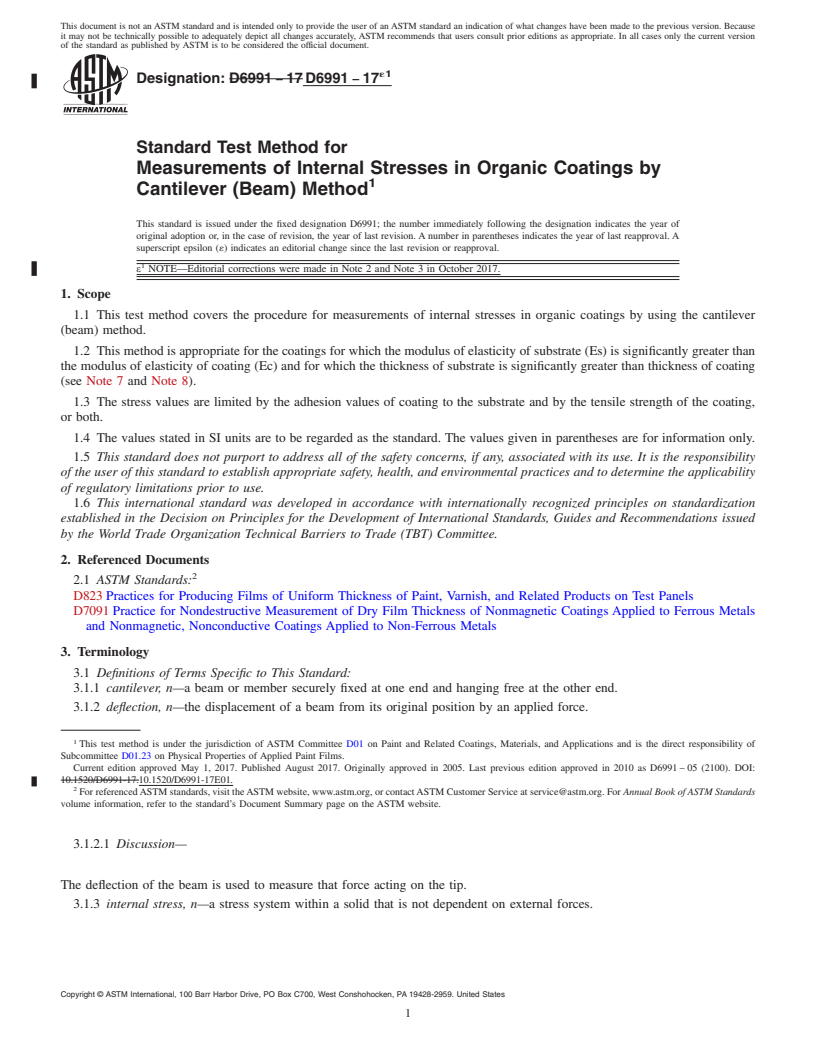 REDLINE ASTM D6991-17e1 - Standard Test Method for Measurements of Internal Stresses in Organic Coatings by Cantilever    (Beam) Method