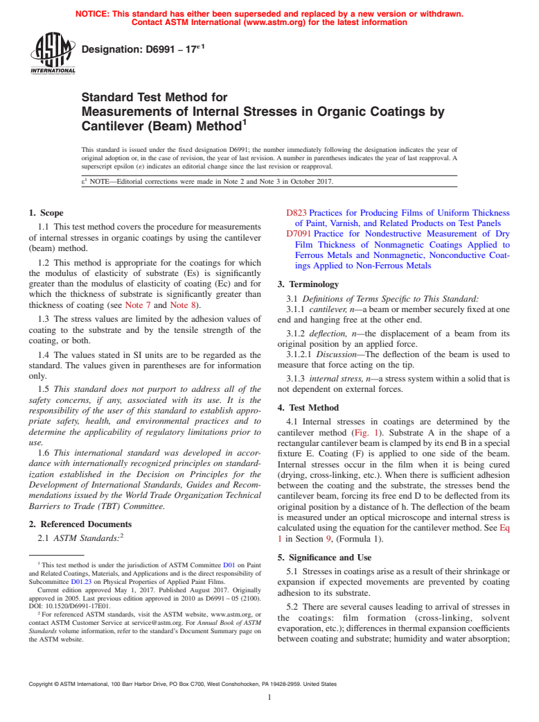 ASTM D6991-17e1 - Standard Test Method for Measurements of Internal Stresses in Organic Coatings by Cantilever    (Beam) Method