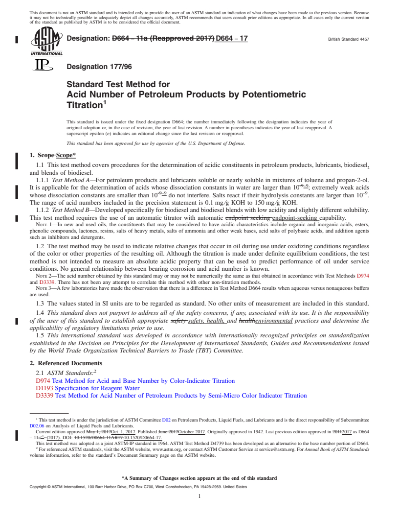 REDLINE ASTM D664-17 - Standard Test Method for Acid Number of Petroleum Products by Potentiometric Titration