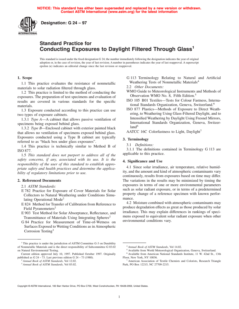 ASTM G24-97 - Standard Practice for Conducting Exposures to Daylight Filtered Through Glass