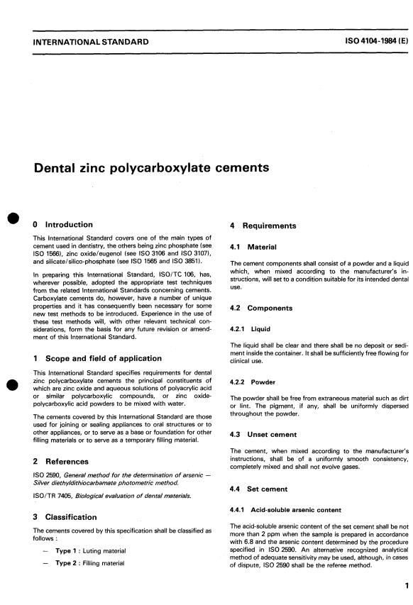 ISO 4104:1984 - Dental zinc polycarboxylate cements