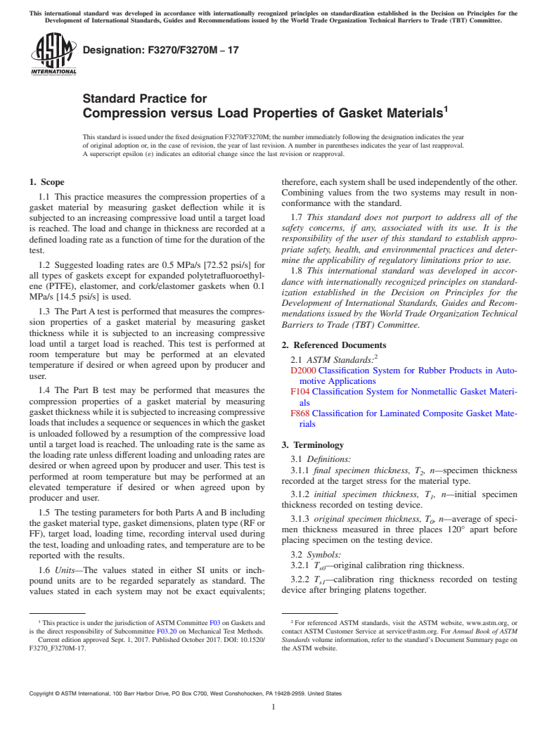 ASTM F3270/F3270M-17 - Standard Practice for Compression versus Load Properties of Gasket Materials