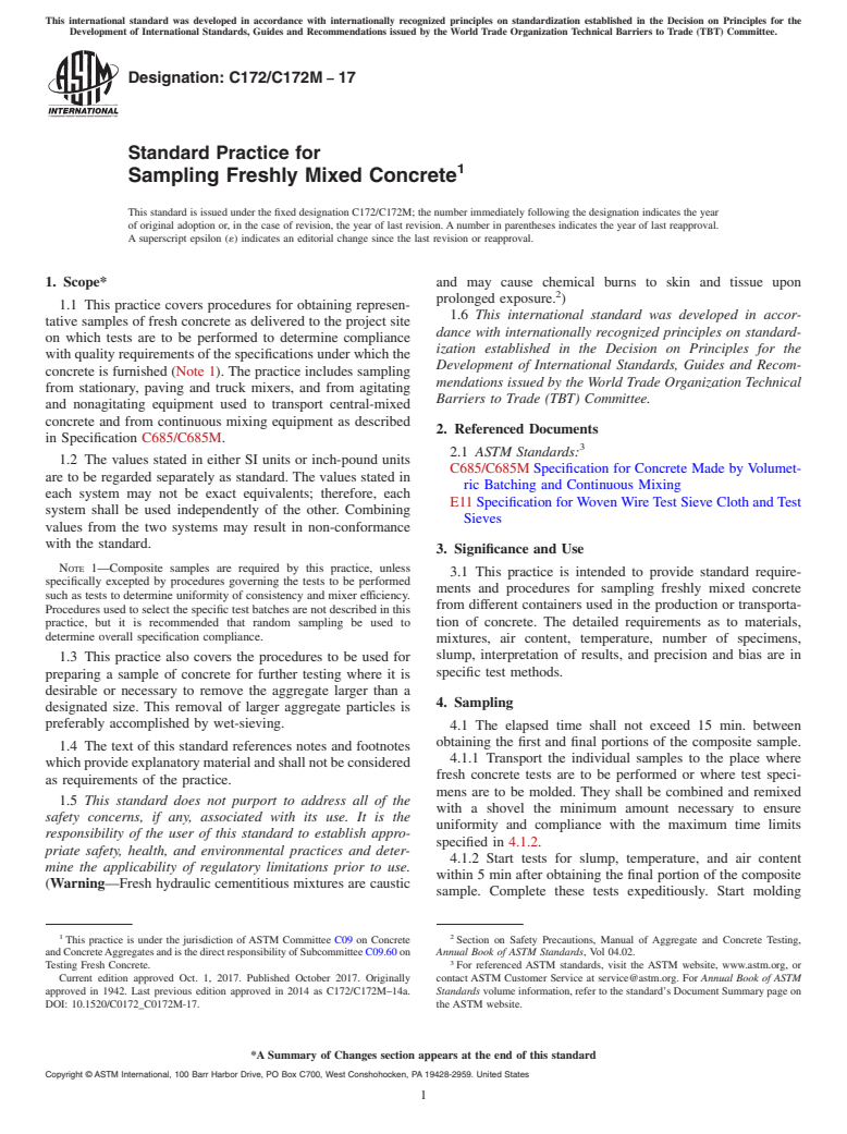 ASTM C172/C172M-17 - Standard Practice for  Sampling Freshly Mixed Concrete