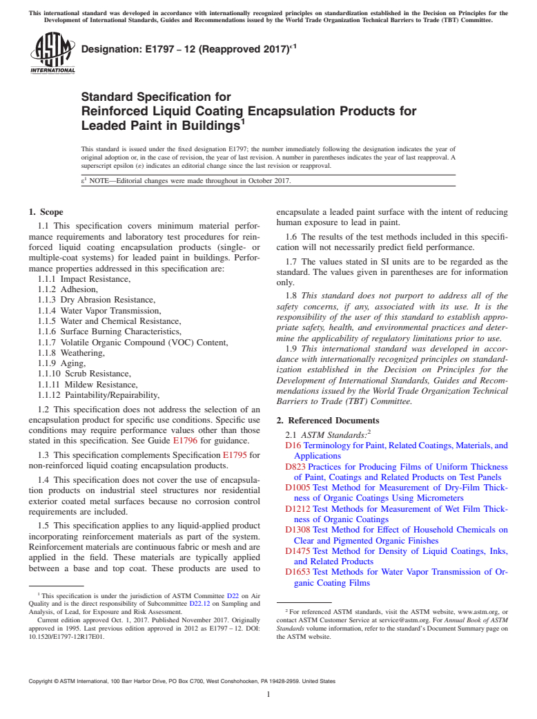 ASTM E1797-12(2017)e1 - Standard Specification for Reinforced Liquid Coating Encapsulation Products for Leaded  Paint in Buildings