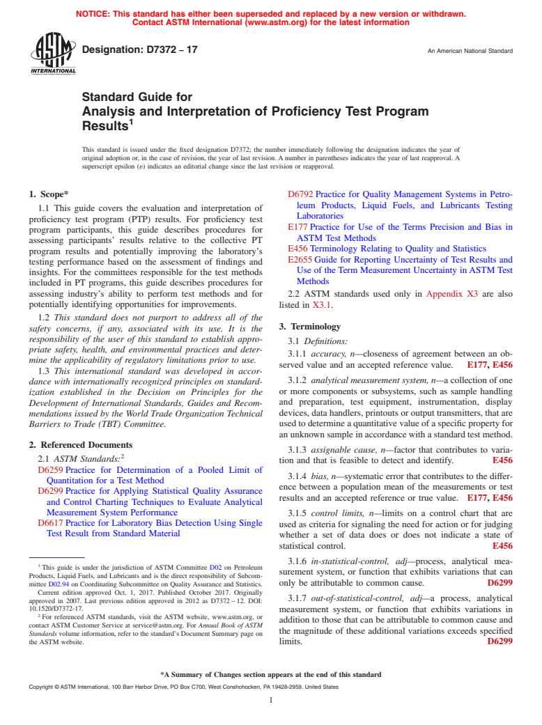 ASTM D7372-17 - Standard Guide for  Analysis and Interpretation of Proficiency Test Program Results