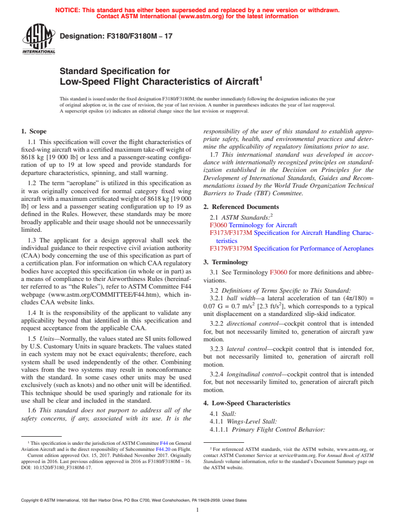 ASTM F3180/F3180M-17 - Standard Specification for Low-Speed Flight Characteristics of Aircraft
