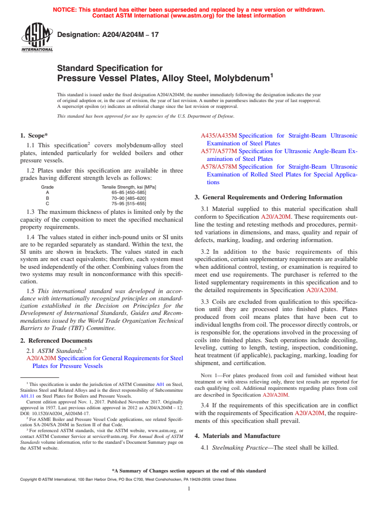 ASTM A204/A204M-17 - Standard Specification for  Pressure Vessel Plates, Alloy Steel, Molybdenum