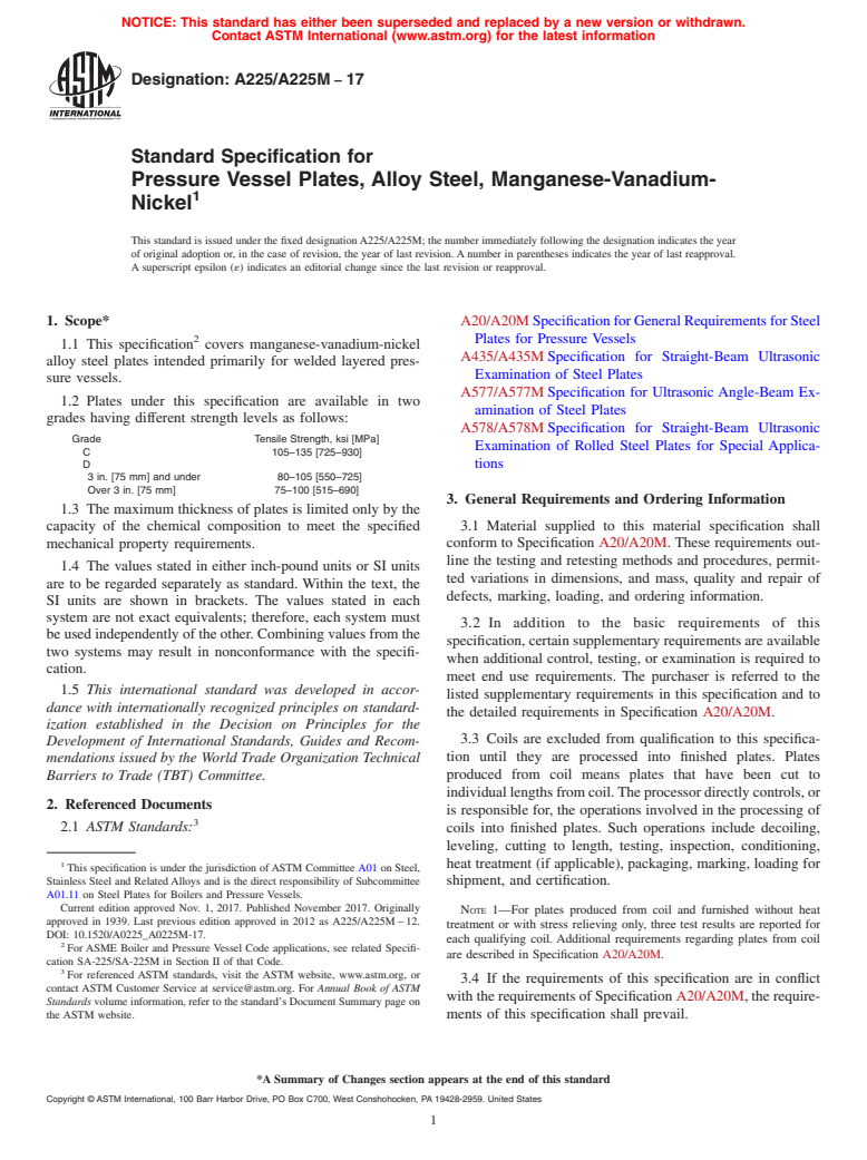 ASTM A225/A225M-17 - Standard Specification for  Pressure Vessel Plates, Alloy Steel, Manganese-Vanadium-Nickel