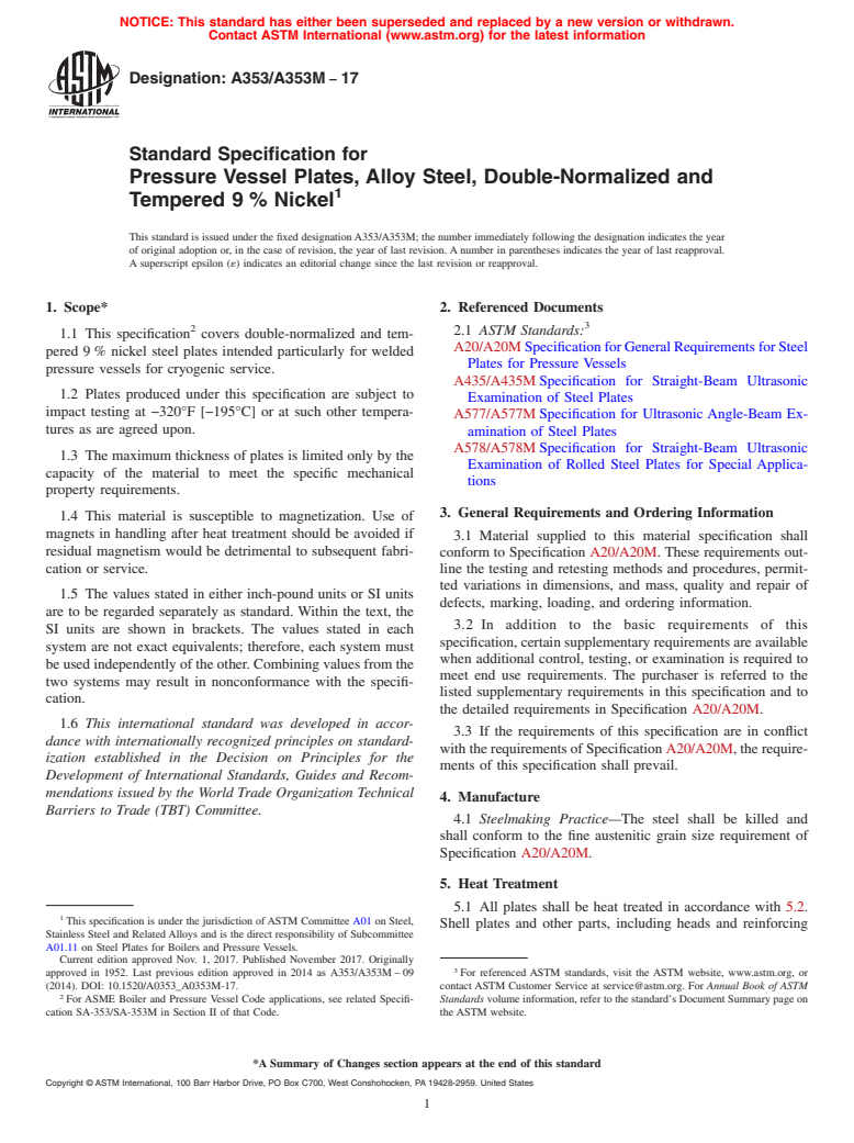 ASTM A353/A353M-17 - Standard Specification for  Pressure Vessel Plates, Alloy Steel, Double-Normalized and  Tempered 9&#x2009;% Nickel