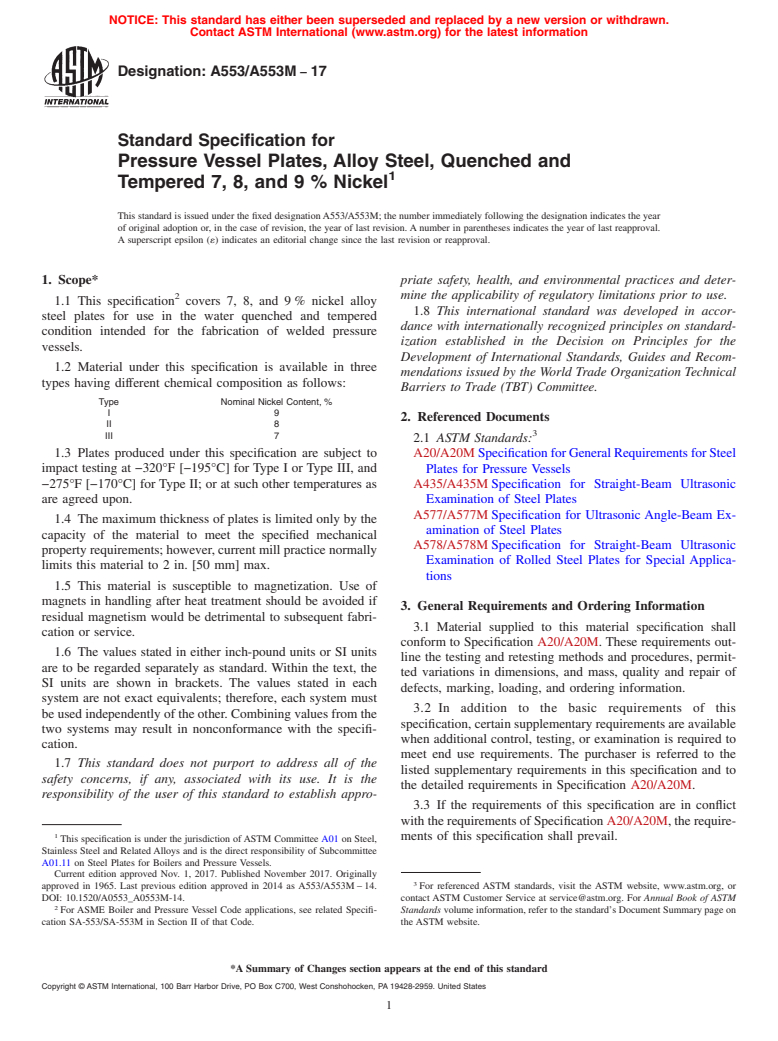 ASTM A553/A553M-17 - Standard Specification for  Pressure Vessel Plates, Alloy Steel, Quenched and Tempered  7, 8, and 9 % Nickel