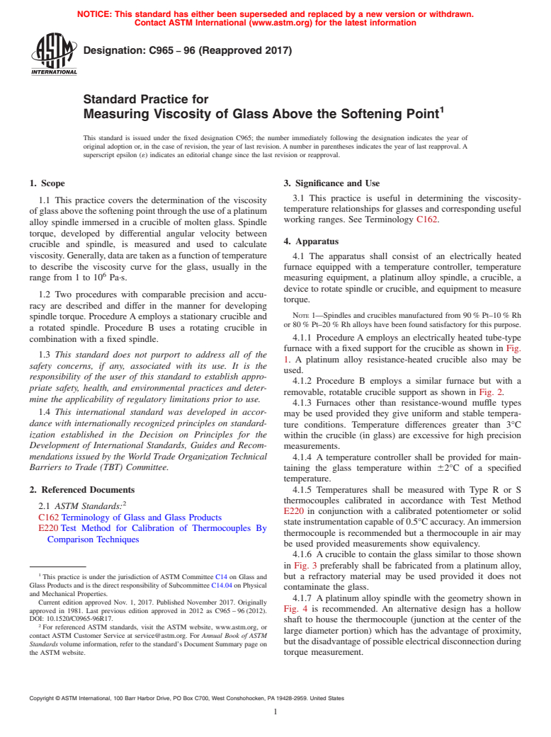 ASTM C965-96(2017) - Standard Practice for  Measuring Viscosity of Glass Above the Softening Point