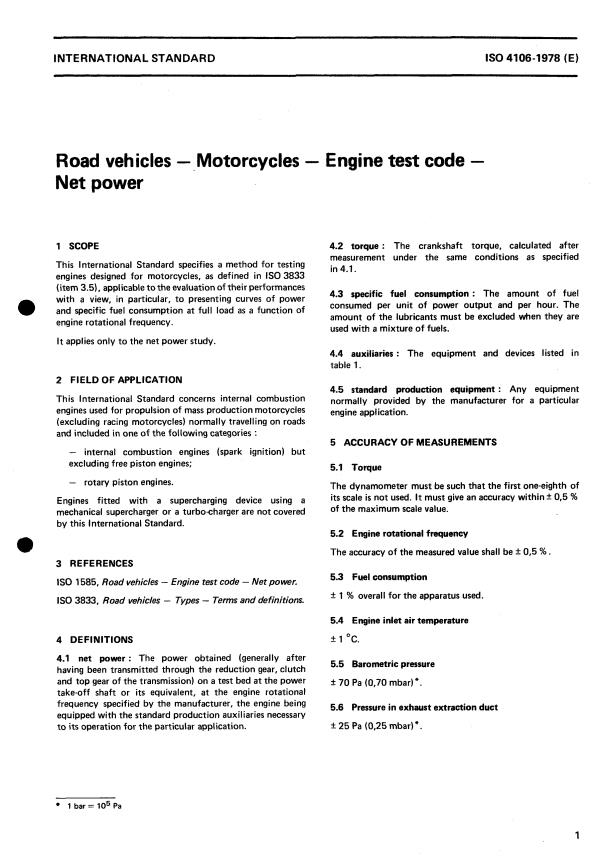 ISO 4106:1978 - Road vehicles -- Motorcycles -- Engine test code -- Net power