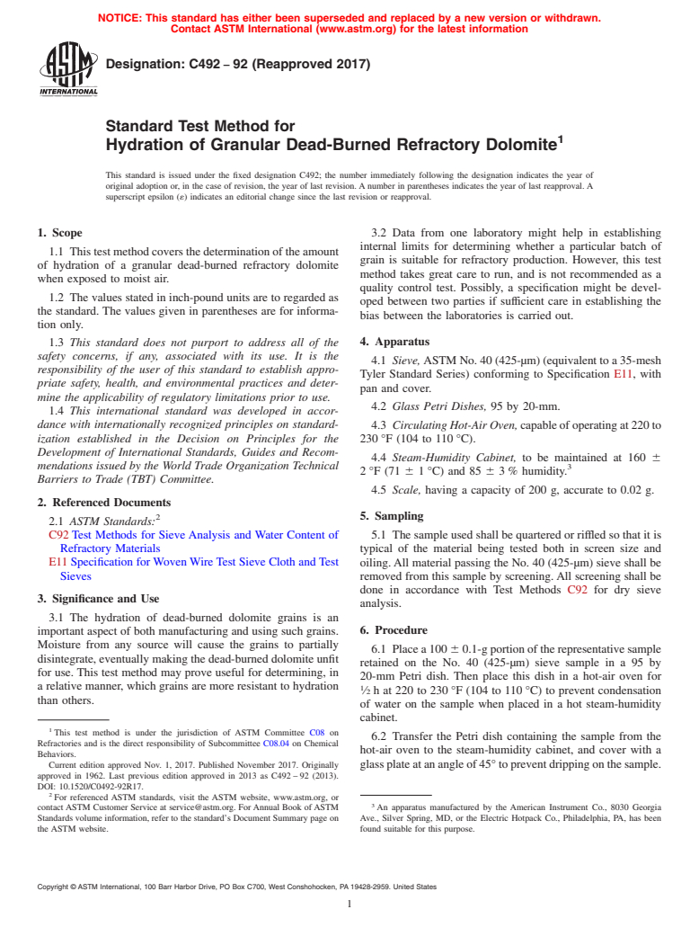 ASTM C492-92(2017) - Standard Test Method for  Hydration of Granular Dead-Burned Refractory Dolomite